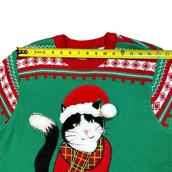 33 Degrees Mens Ugly Christmas Sweater Black White Cat Santa Hat Scarf 3D Medium - Picture 4 of 14